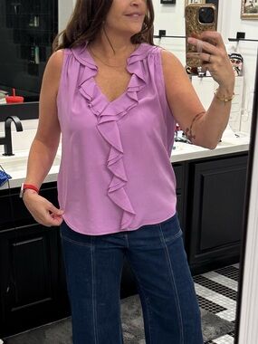 Kut from the Kloth Lavender Ruffle V-Neck Sleeveless Blouse